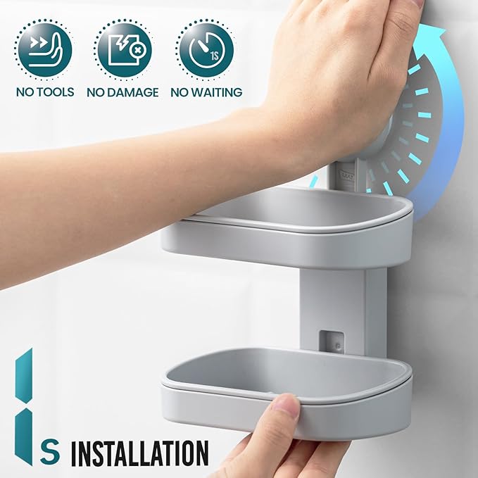 TAILI Soap Holder Soap Dish for Shower, Suction Cup Soap Holder for Shower Wall, Bathroom Accessories, Removable Strong Hold Soap Saver, Drill Free, Grey 2 Layer