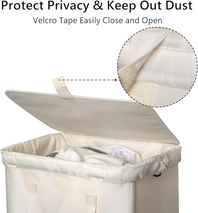 WOWLIVE 100L Laundry Hamper with Lid, Large Foldbale Laundry Basket with 2 Removable Bags and Handles, Tall Collapsible Dirty Clothes Hamper for Laundry Room, Bathroom, Dorm (Beige)