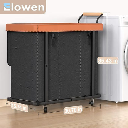 60 Gal (230L) Laundry Hamper 3 Section with Lid, Leather Patchwork Laundry Sorter with Rolling Lockable Wheels and Handle, Laundry Basket Organizer for Laundry Room, Bedroom and Bathroom - Black
