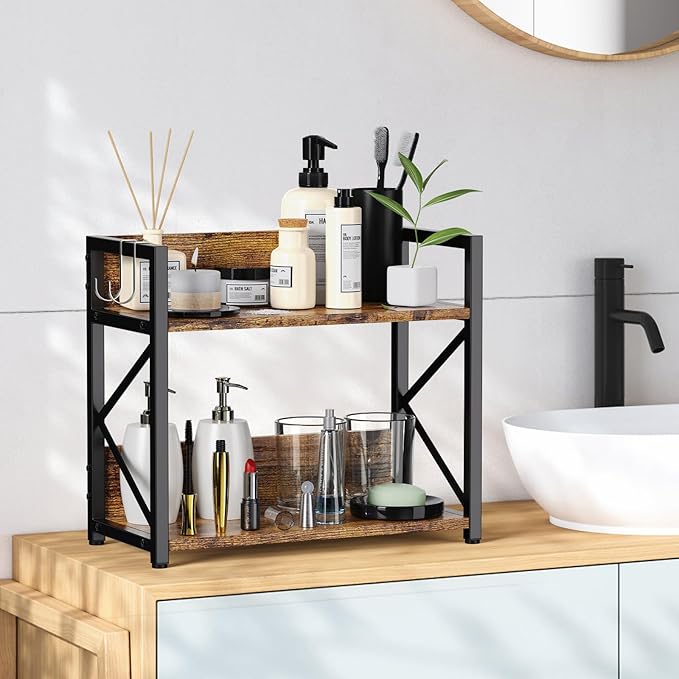 RUILALIFE Coffee-Bar-Station-Organizer Shelf for Countertop, 2 Tiers Kitchen Counter Shelf Riser, Wooden Spice Rack Organizer, Coffee Bar Accessories(Rustic Brown, Large)