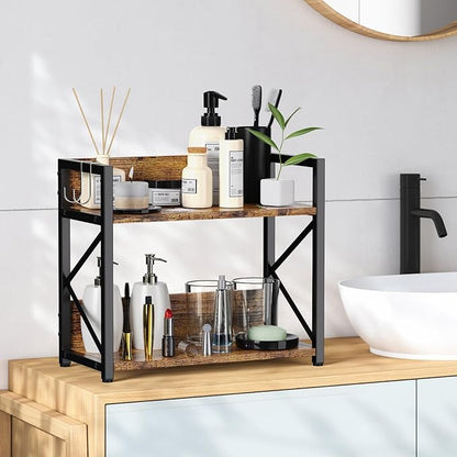RUILALIFE Coffee-Bar-Station-Organizer Shelf for Countertop, 2 Tiers Kitchen Counter Shelf Riser, Wooden Spice Rack Organizer, Coffee Bar Accessories(Rustic Brown, Large)