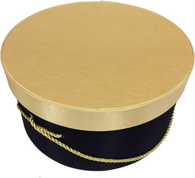 Sarah's Hat Boxes Classic Black/Gold Hat Box – 8.75" x 4.5" (Dia. x Ht.) Handmade in USA – Odorless Non-Toxic Adhesive, Cording Handle – Premium Storage for Hats & Accessories