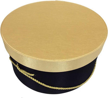 Sarah's Hat Boxes Classic Black/Gold Hat Box – 8.75" x 4.5" (Dia. x Ht.) Handmade in USA – Odorless Non-Toxic Adhesive, Cording Handle – Premium Storage for Hats & Accessories