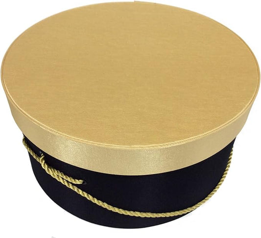 Sarah's Hat Boxes Classic Black/Gold Hat Box – 16.75" x 8.5" (Dia. x Ht.) Handmade in USA – Odorless Non-Toxic Adhesive, Cording Handle – Premium Storage for Hats & Accessories