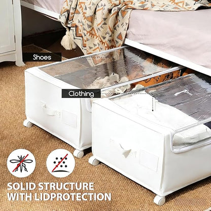 FOUCSSOMEI Under Bed Storage with Wheels, Rolling Under bed Storage with Metal Frame, Under Bed Shoe Storage for Space Saving, Zippered Clear Lid, Heavy-Duty Steel Base for Clothes, White