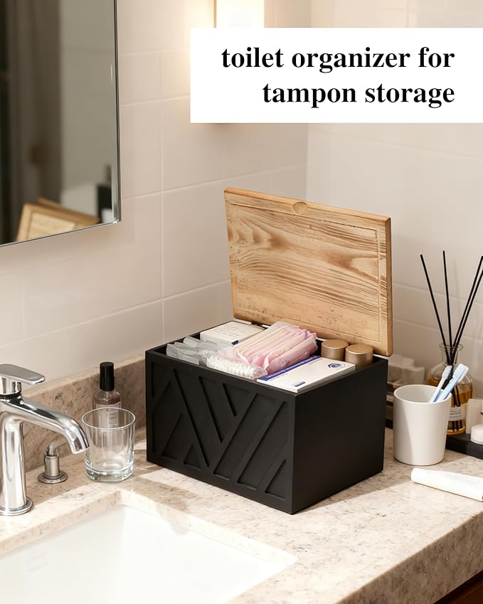 Tampon Holder for Bathroom Decor Feminine Product Organizer With Lid Shark Week Box Wooden Pad Girl Stuff Box (BLACK, lid) (1, BLACK)