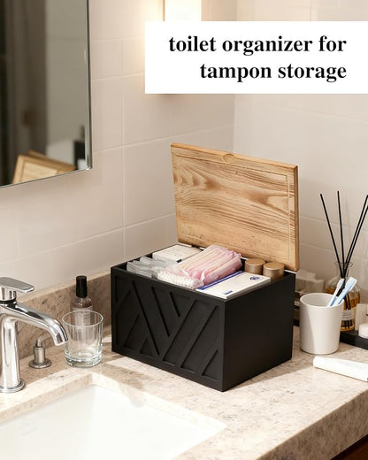 Tampon Holder for Bathroom Decor Feminine Product Organizer With Lid Shark Week Box Wooden Pad Girl Stuff Box (BLACK, lid) (1, BLACK)