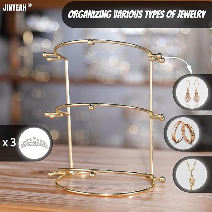 Crown Display【Electroplating Metal Luster】 Crown Holder Tiara Display 3-Tier Bridal Crown Display Stand Crown Storage Organizer Jewelry Holder for Women Girls Wedding Home Shop Store