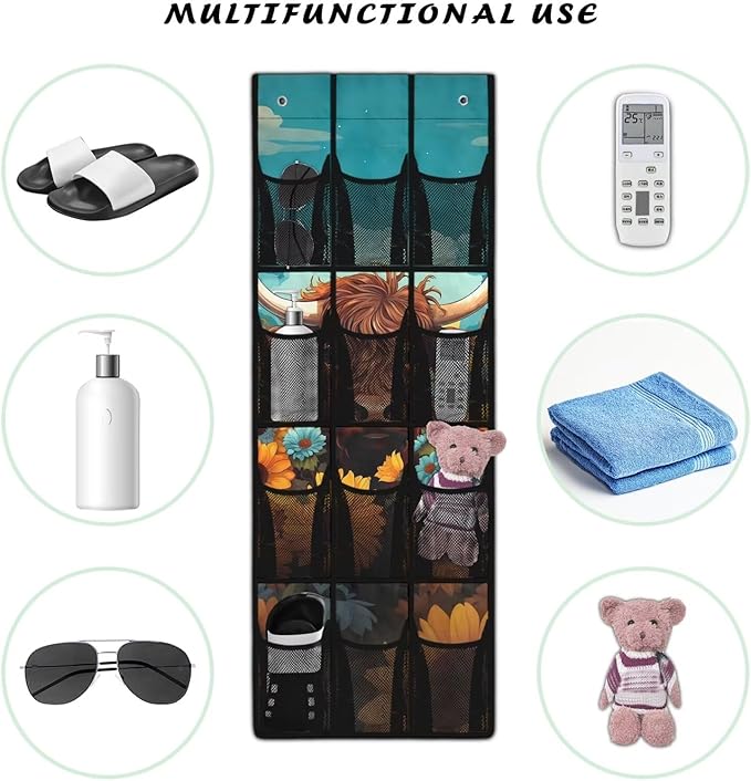 Highland Cattle Shoe Organizer Over The Door 12 Pockets Wall Hanging Storage for Closet Space Saving Over The Door Shoe Organizer Sunflowers Shoe Holder Hanger for Living Room