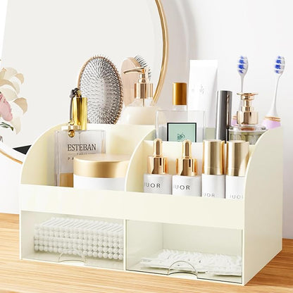 Makeup Organizer with Drawers, Cosmetic Storage for Dresser Vanity and Bathroom Countertop, Beauty Holder for Lipstick Brush, Skincare Organizer for Vanity, Cosmetic Display Case (Ivory)