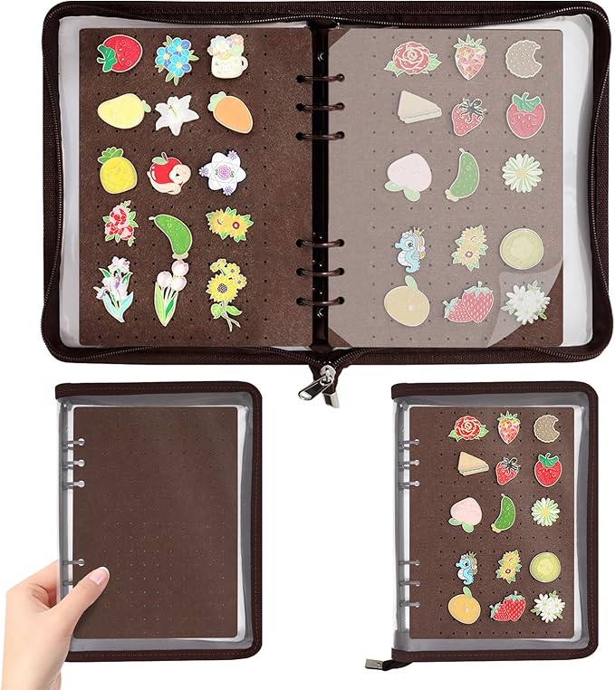 LIQALU Enamel Pin Display Book Pin Collection Binder Holder Trading Book with 8-Page Display Boards A5 Brooch Pin Storage Organizer Binder Album for Travel Collectors (Dark Brown)