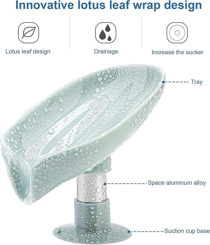 2Pack Soap Holder Leaf-Shape - Self Draining Soap Dish Holder, Not Punched Easy Clean Bar Soap Holder, with Suction Cup Soap Dish Suitable for Shower, Bathroom, Kitchen Sink (Grey + Green)
