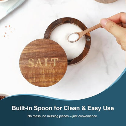 Timtopno Salt Cellar, 2PCS Salt Container Acacia Wood Salt and Pepper Box for Countertop with Built-in Spoon & Swivel Lid, Wood Salt Holder Bowl for Kitchen, Seasoning Storage (Rose & SALT Engraving)