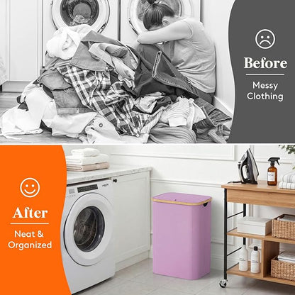 Lifewit 80L Laundry Basket with Lid, Clothes Hampers for Laundry with Bamboo Handles and 1 Removable Bag, Large Foldable Laundry Hamper for Bedroom, Bathroom, Dorm, Laundry Room, Purple
