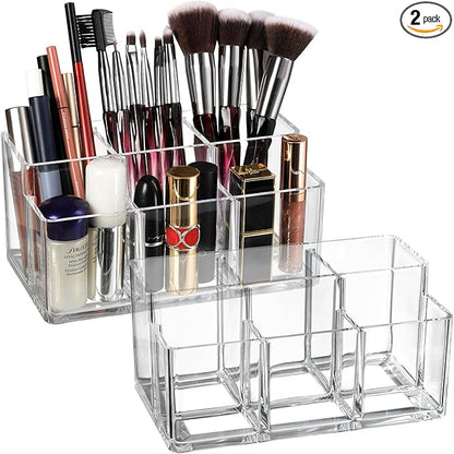 Foraineam 2 Pack Acrylic Makeup Brushes Holder with 6 Slots, Clear Pen Pencil Organizer Desktop Stationery Storage Container, Vanity Cosmetic Eyeliners Eyebrow Pencil Display Case