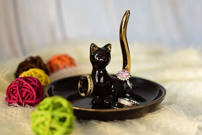Happy Cat Posture Ring Holder Jewelry Storage Dish Trinket Tray Decorative Black/Golden Tail.