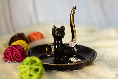 Happy Cat Posture Ring Holder Jewelry Storage Dish Trinket Tray Decorative Black/Golden Tail.