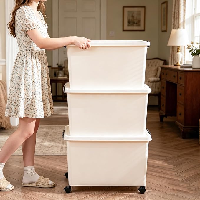 106 Quart Large Plastic Storage Bins with Wheels, 3 Pack, 26x18.5x15.4 Inch, Heavy Duty PP Storage Containers with Handles, Stackable Closet Organizers for Clothes, Bedroom & Home Organization