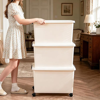 106 Quart Large Plastic Storage Bins with Wheels, 3 Pack, 26x18.5x15.4 Inch, Heavy Duty PP Storage Containers with Handles, Stackable Closet Organizers for Clothes, Bedroom & Home Organization