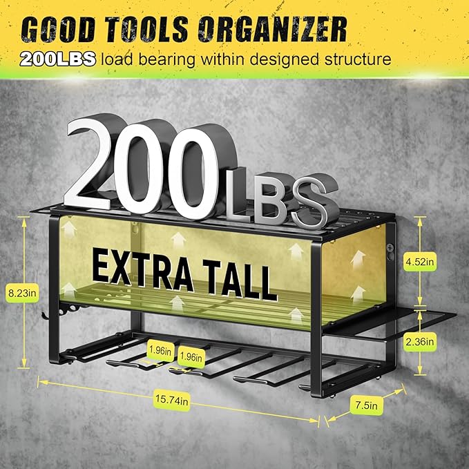 Hipidian Power Tool Organizer Wall Mount - Storage Rack with 4 Drill Holders for Drills Cordless Tools. Heavy Duty Iron Garage Tool Organizer Storage for Workshop Shed (4 Slots 3 Layers)
