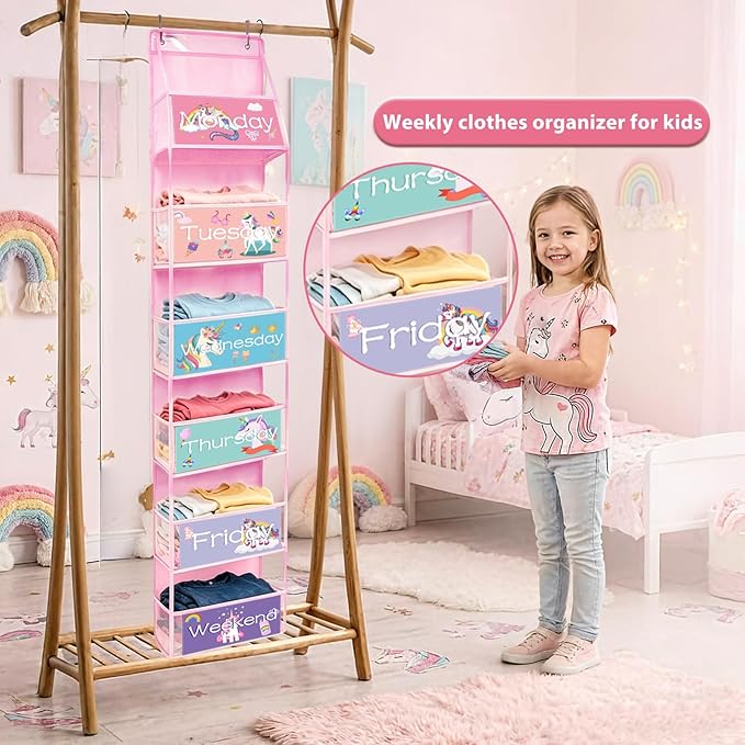 2 Pcs 6-Shelf Weekly Clothes Organizer for Kids Daily Hanging Closet Organizer with 2 Sets Week Day Stickers Foldable Days of The Week Behind Door Hanging Storage Shelves