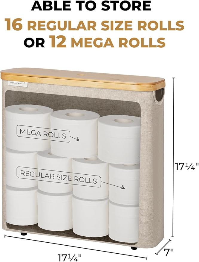 StorageWorks Large Toilet Paper Storage with Bamboo Lid, Toilet Paper Holder Basket for Up to 12 Mega or 16 Regular Size Rolls, Paper Storage Baskets for Bathroom, Light Khaki, 1 Pack