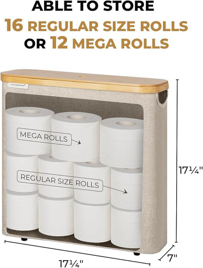 StorageWorks Large Toilet Paper Storage with Bamboo Lid, Toilet Paper Holder Basket for Up to 12 Mega or 16 Regular Size Rolls, Paper Storage Baskets for Bathroom, Light Khaki, 1 Pack