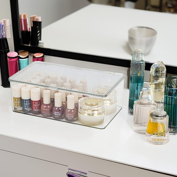 ZEXALOR Clear Plastic Storage Bin with Lid, Makeuo Holder, Fridge Organizer, Refrigerator Organizers and Storage, Small Container for Pantry, Office, Dresser, Bathroom, Kitchen, Snack