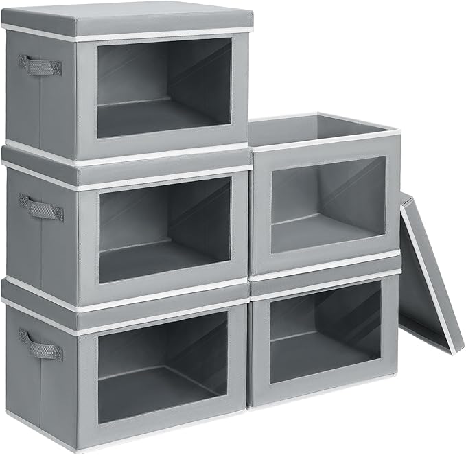 Homsorout Stackable Storage Bins with Lids - Large Decorative Basket with Lids, Fabric Foldable Closet Organizer Bins, Shelf Organizer for Living Room, Dorm, 5 Pack, Grey