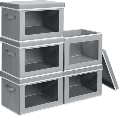 Homsorout Stackable Storage Bins with Lids - Large Decorative Basket with Lids, Fabric Foldable Closet Organizer Bins, Shelf Organizer for Living Room, Dorm, 5 Pack, Grey