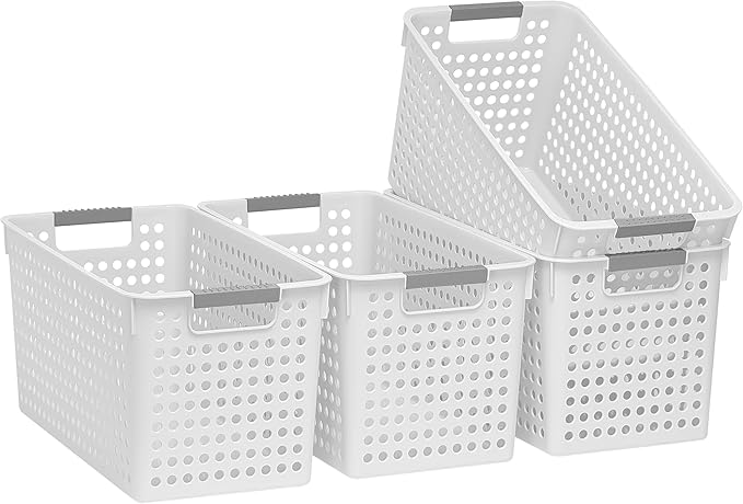 Soddeph Slim Plastic Storage Basket with Handles, Narrow Organizer box for Shelves, Organizer box for Organizing, Kitchen,Home,Office (White, Large)