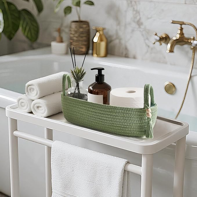 Mkono Small Storage Basket for Toilet Tank Top Boho Bathroom Decor Woven Rope Toilet Paper Tray Organizer for Shelf Bedroom Living Room, Green, 13" L x 6" W