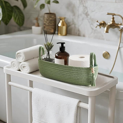 Mkono Small Storage Basket for Toilet Tank Top Boho Bathroom Decor Woven Rope Toilet Paper Tray Organizer for Shelf Bedroom Living Room, Green, 13" L x 6" W