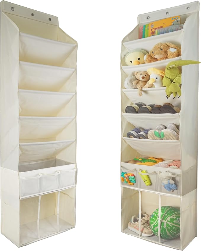 3in1 Over The Door Shoe Organizer with 5 Slanted Compartments,Removable Storage Bin & Transparent Pockets,Thickened Waterproof Oxford Fabric Shoes Rack for Shoes,Boots,Toys,Daily Essentials. (Beige)