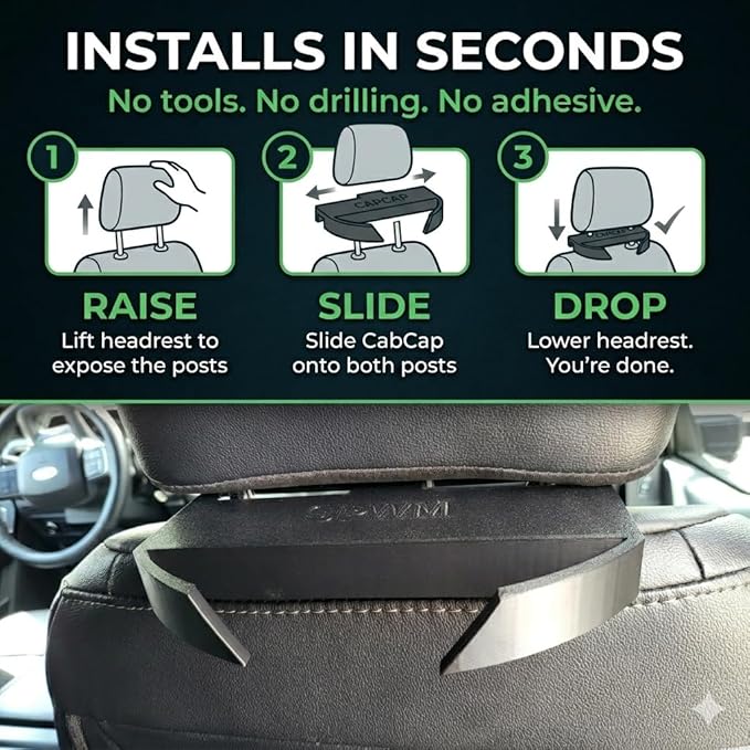 CabCap Headrest Hat Holder for Trucks and Cars — Patent Pending — Universal Baseball Cap Rack, Mounts Behind Seat Headrest, Holds Up to 5 Hats, No Tools Required, Made in USA