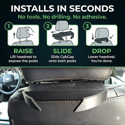 CabCap Headrest Hat Holder for Trucks and Cars — Patent Pending — Universal Baseball Cap Rack, Mounts Behind Seat Headrest, Holds Up to 5 Hats, No Tools Required, Made in USA