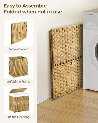 Greenstell Laundry Hamper with Lid, 125L Laundry Basket with 2 Removable Liner Bags & 2 Mesh Bags, Handwoven Synthetic Rattan Clothes Hamper for Clothes, Toys in Bathroom, Bedroom, Foldable, Natural
