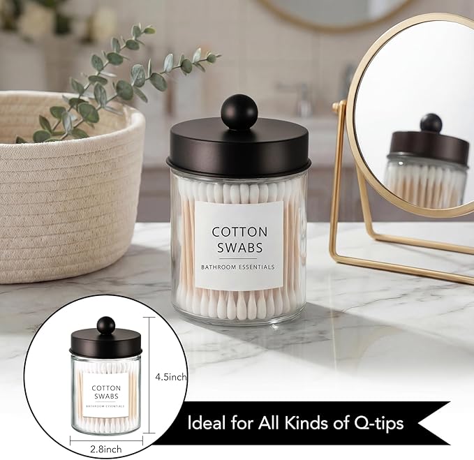 Amolliar 2 Pack Qtips Dispenser Holder - Bathroom Countertop Storage Organizer Containers - Glass Apothecary Jars with Bronze Plastic Lid for Q-tips Cotton Balls, Swabs, Round Pads, Floss