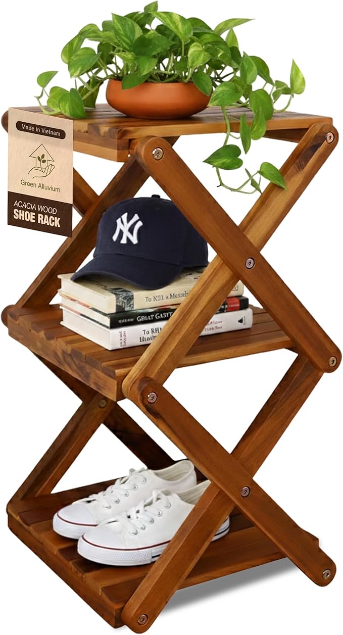 Premium Acacia Wood Shoe Rack for Entryway - 3-Tier Foldable Wooden Shoe Shelf, Free Standing Space Saving Shoe Organizer for Small Spaces, Apartment, Closet