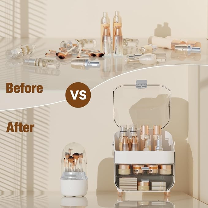 Makeup Organizer Countertop & 360° Rotating Makeup Brush Holder, Skincare Holder with Lid and Drawers, Storage Box Cosmetic Display Cases, Teen Girl Gifts, Vanity, Bathroom Counter, Silver