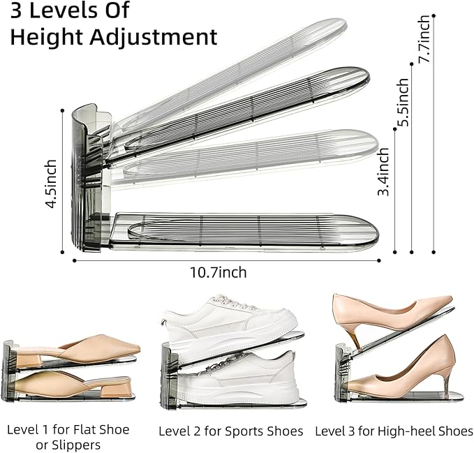 Shoe Slots Organizer, Clear Shoe Stacker, Adjustable Level Shoe Rack,Storage Space Saver for Sneakers Display (Grey Transparent, 10Pack)