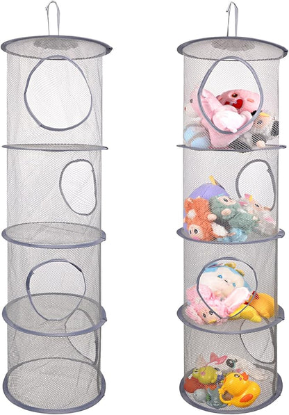 ChezMax Hanging Mesh Stuffed Animal Storage - 4 Tiers 2 Pack Large Stuffed Animal Net Organizer, Foldable Space Saver Bags Plushie Basket Organization Holder Room Bedroom Playroom Wardrobe Wall Grey