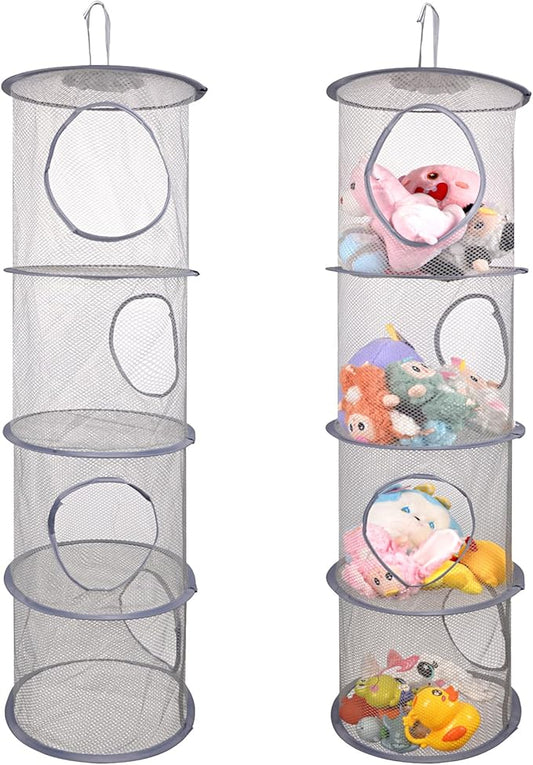 ChezMax Hanging Mesh Stuffed Animal Storage - 4 Tiers 2 Pack Large Stuffed Animal Net Organizer, Foldable Space Saver Bags Plushie Basket Organization Holder Room Bedroom Playroom Wardrobe Wall Grey