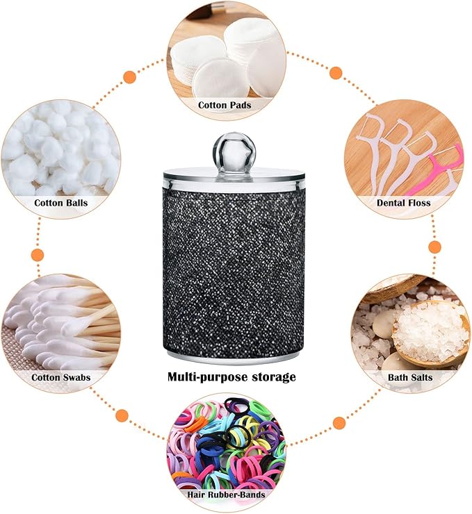 ALAZA 2 Pack Qtip Holder Dispenser Sequin-Black Glitter Bathroom Organizer Canisters for Cotton Balls/Swabs/Pads/Floss,Plastic Apothecary Jars for Vanity