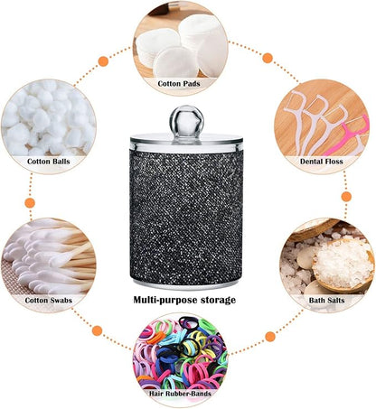 ALAZA 2 Pack Qtip Holder Dispenser Sequin-Black Glitter Bathroom Organizer Canisters for Cotton Balls/Swabs/Pads/Floss,Plastic Apothecary Jars for Vanity