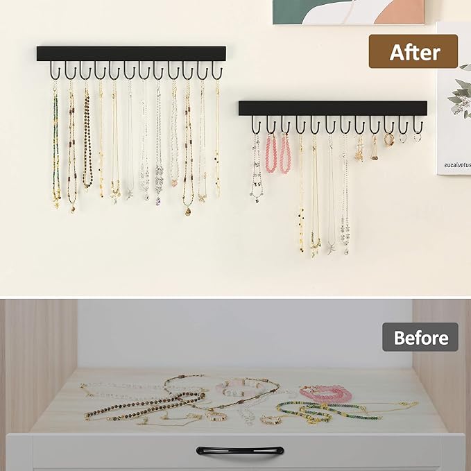 ZEDODIER 2 Pack Necklace Organizer Wall Mount, Wooden Jewelry Hanger Necklace Holder with 24 Hooks,Hanging Jewelry Organizer, Black