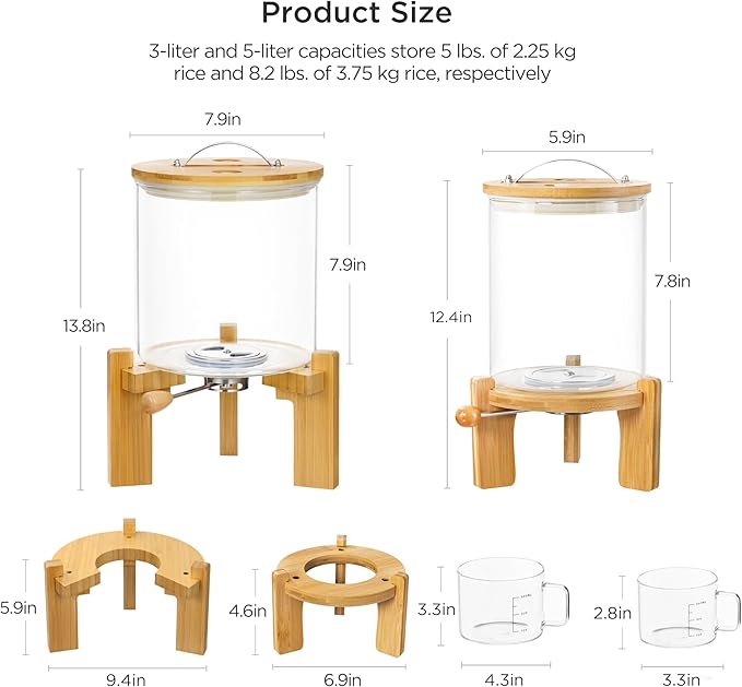 HBlife Glass Rice Dispenser with Wooden Stand Flour and Cereal Container with Glass Measuring Cup Pantry Food Organization Storage Bin with Airtight Bamboo Lid, 3L+5L