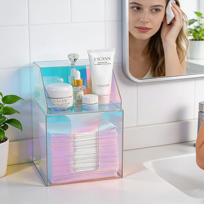 Disposable Facial Towels Storage Compatible with Clean Skin Club Clean Towel XL Double Layer Acrylic Box Cotton Pads Container Qtip Bin Face Towelettes Holder for Bathroom Counter, Glossy Rainbow