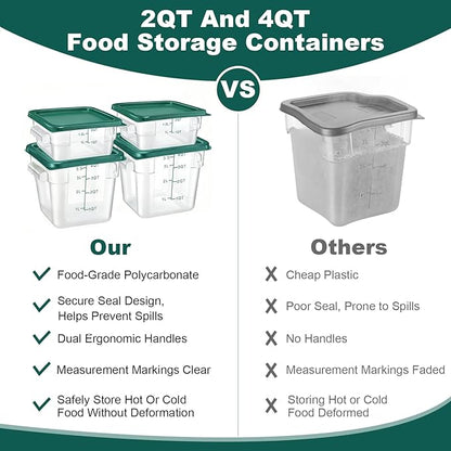 4 Pack 2QT & 4QT Food Storage Containers with Green Lids, Clear Square Restaurant Commercial Food Storage Containers with Handle and Scale, Marinating Container Dough Rising Bucket for Home & Dining
