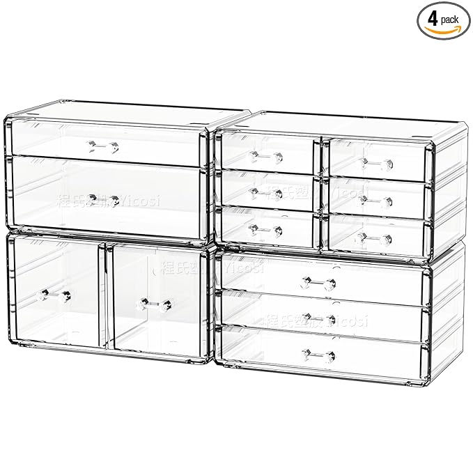 Cq acrylic 4 Pack Clear Acrylic Drawer Organizer Countertop,Stackable 13 Drawers Makeup Storage, Cube Make up Organizer for dresser Hair Clip,Beauty Product Desk and Bathroom Organizers and Storage
